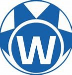 A blue and white logo of the word 